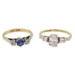 Gold three stone diamond and sapphire ring and a gold cubic zirconia dress ring, both 9ct