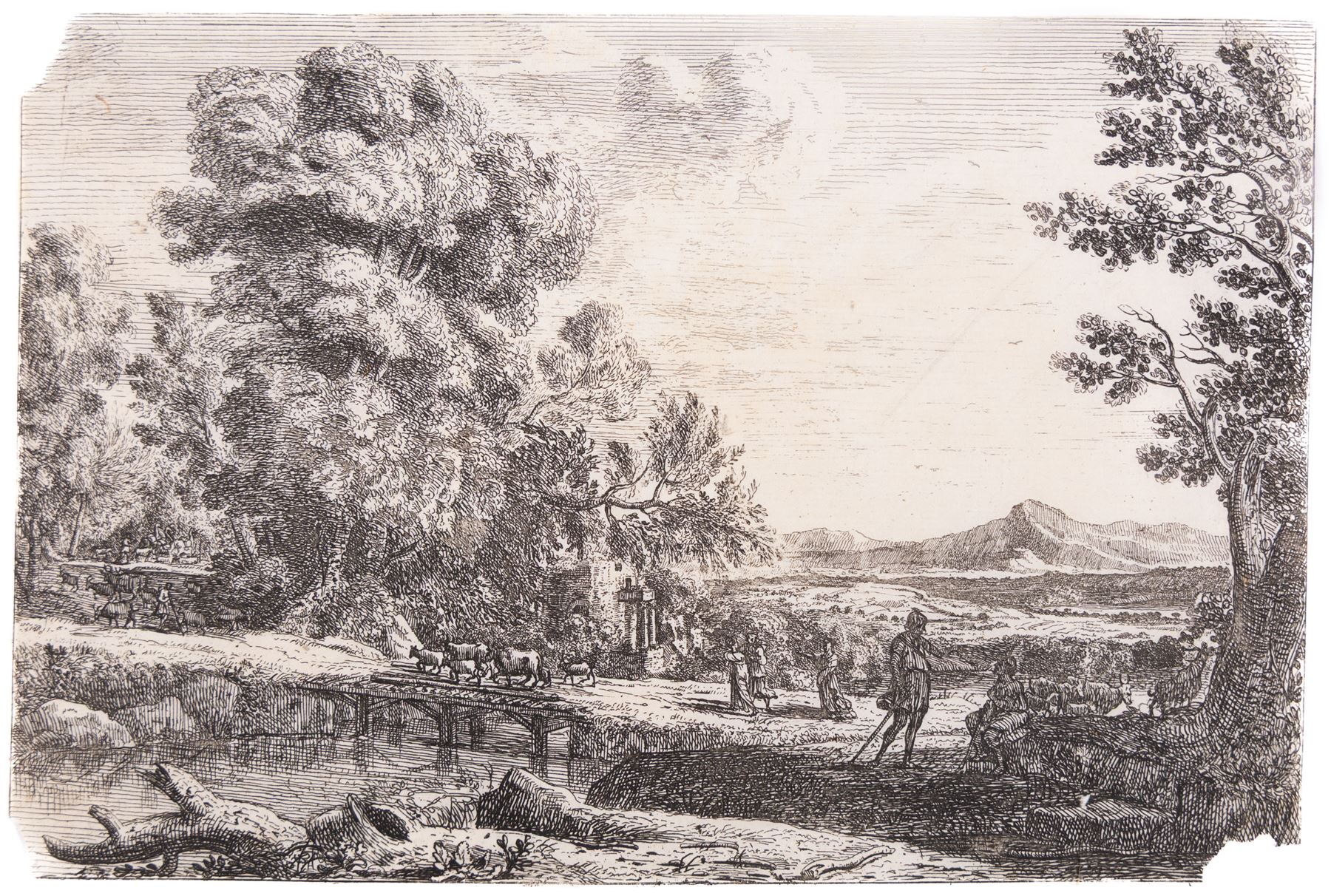 After Claude Lorrain (French 1600-1682): 'Le Pont de Bois', restrike etching 13cm x 19cm (unframed)
