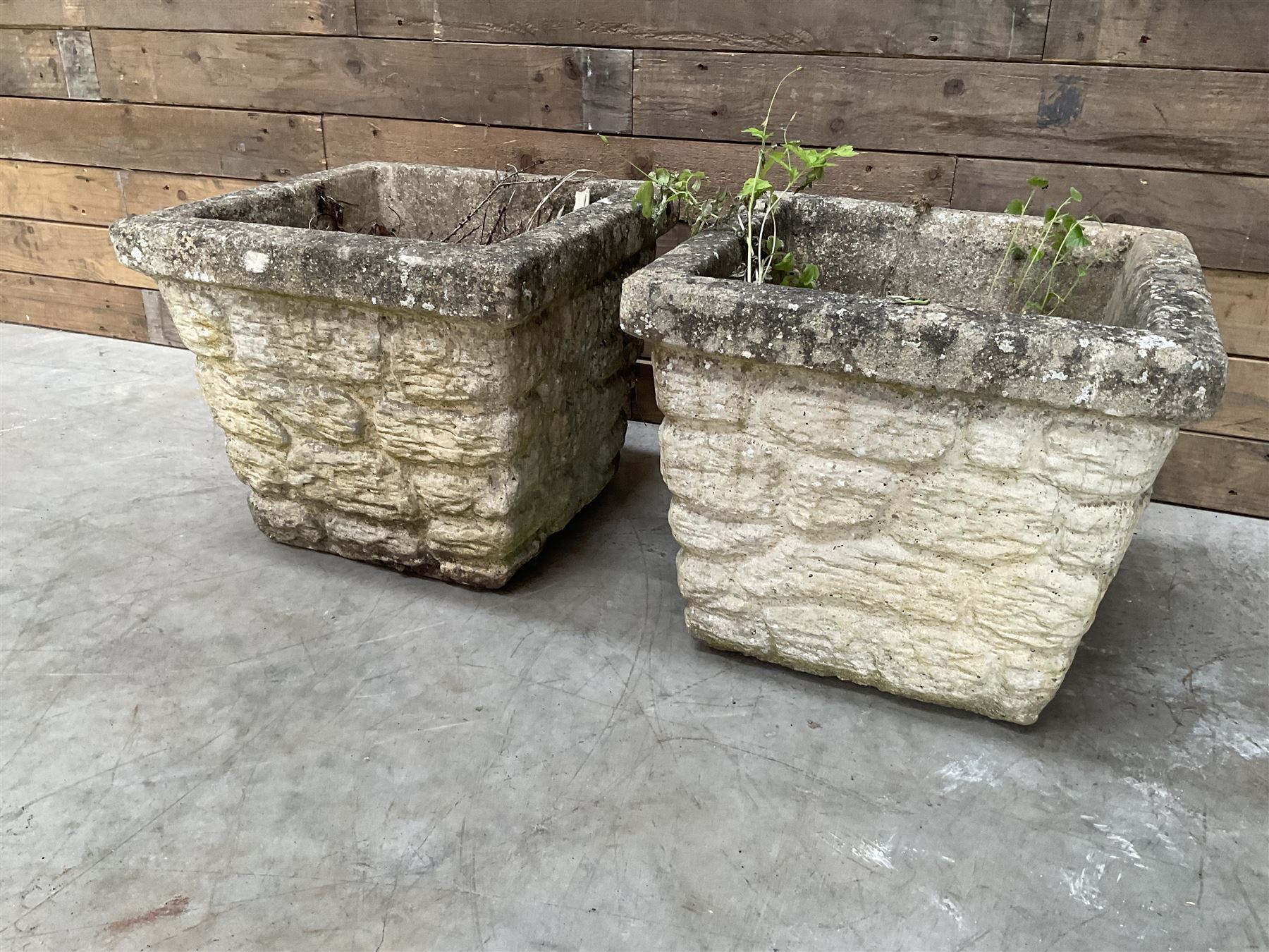 Cast stone garden squirrel, and a pair of cast stone square tapering planters (3)