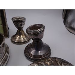 Group of silver, including open salt of cauldron form, silver mounted bottle coaster, silver mounted hairbrush, dwarf candlesticks, glass jar with cover, photograph frame, etc, all hallmarked