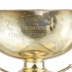 'The Harry Preston Memorial Challenge Cup 1929' - A two handled cup on pedestal base and wooden plinth marked Elkington & Co. H37cm overall Chester 1929 Maker Fattorini & Son