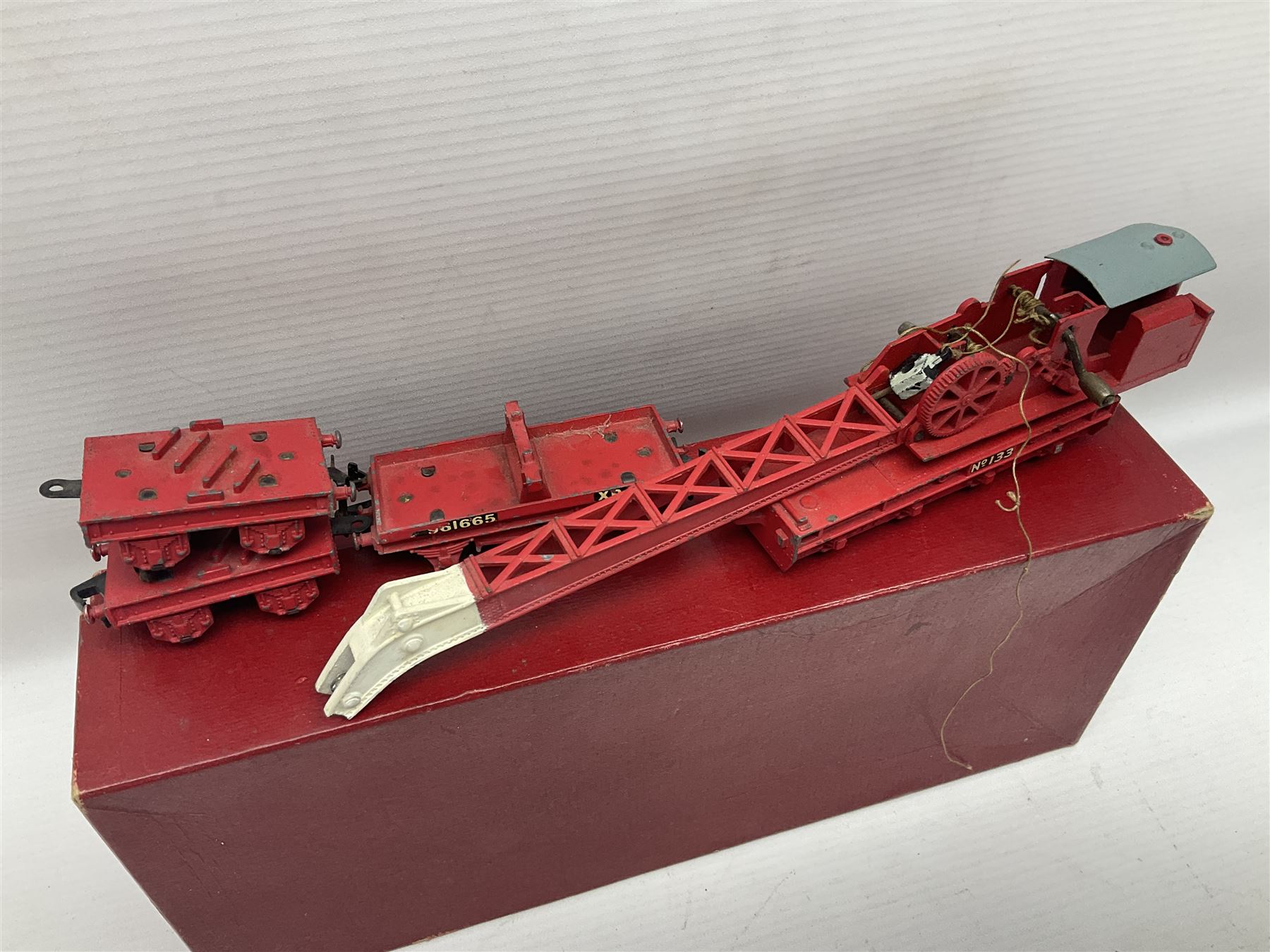 Hornby Dublo - 4620 Breakdown Crane No.133 in red with Match Trucks; boxed; another unboxed 4620 Breakdown Crane No.144 in black 'Cowans Sheldon' with Match Trucks; and nine Trackmaster goods wagons comprising three GW Open Wagons, two GW box vans, three NE Open Wagons and one NE Box Van; all boxed (11)