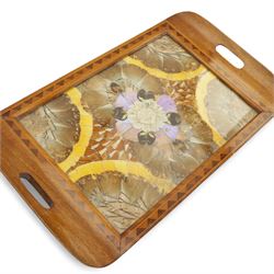 Vintage butterfly wing tray, brass table lamp with lion paw supports, oval mirror, barley twist table lamp, turned wooden table lamp etc, in one box