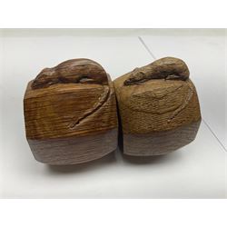 Mouseman - two oak napkin rings, bulbous octagonal form carved with mouse signature, by the workshop of Robert Thompson, Kilburn 