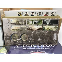Coins and stamps, including The Royal Mint Great Britain 1970 coin set in plastic holder, 2006 'Brunel' coin cover containing two commemorative two pound coins, Alderney 2006 sterling silver proof five pounds, two 2007 five pound coins in card folders, two limited edition mint first class stamp sheets each comprised of ten first class stamps, various first day covers many with special postmarks housed in 'Royal Mail' boxes etc