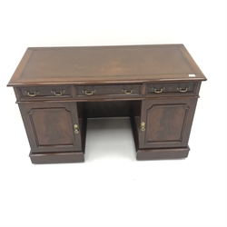  Early 20th century mahogany twin pedestal desk, leather inset top, two short and one long drawer, two cupboards, plinth base, W122cm, H74cm, D57cm  
