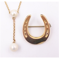  Gold horseshoe brooch tested to 9ct and gold pearl necklace stamped 9ct  