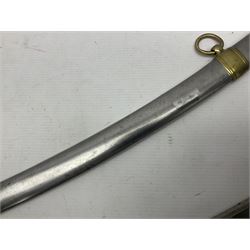 Early 19th century French Lancers officer's sword c1810, the 84cm curving fullered blade retaining most of its bluing, gilding and engraved decoration, inscribed I.S.& C. to ricasso (for Schimelbusch), brass three-bar hilt with elongated elliptical langets and wire-bound leather grip; in polished steel scabbard with two brass suspension rings L100cm overall