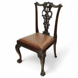 Set of eight 20th century Chippendale design mahogany dining chairs, including two carvers, each with pierced ribbon back splat carved with acanthus leaves, drop-in leather upholstered seats, moulded seat rails, on cabriole legs with ball and claw feet