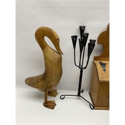 Wooden candle box, together with two barley twist candlesticks, carved duck and other collectables 