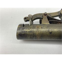 British pattern 1876 socket bayonet with 55cm triangular blade; another smaller socket bayonet; and a leather shot flask, the brass action marked Sykes (3)