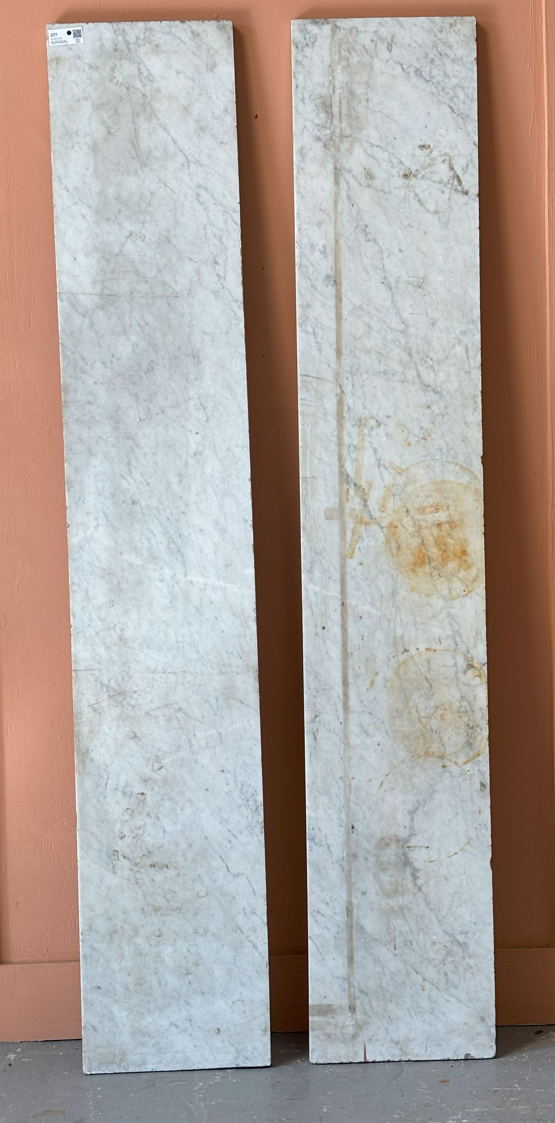 Pair of white Carrera marble bakers counter tops. L197cm, W35cm, D2.5cm - COLLECTION BY APPOINTMENT FROM: The White House, Thirsk Road, Easingwold, York, YO61 3NF - CALL 01723 507111 TO ARRANGE