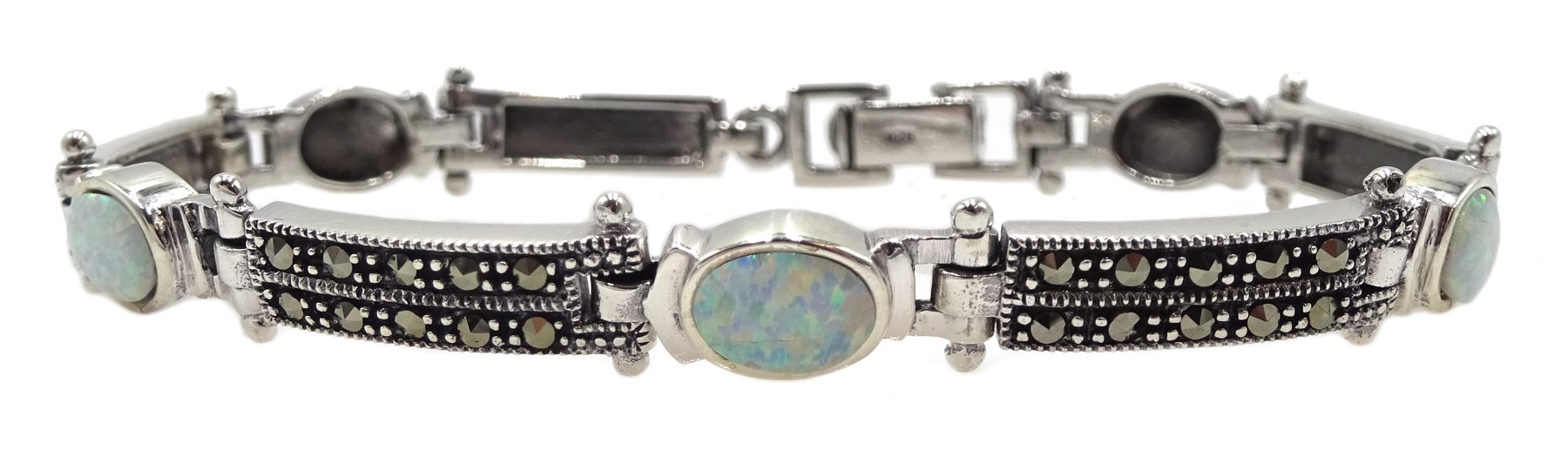 Silver opal and marcasite link bracelet, stamped 925