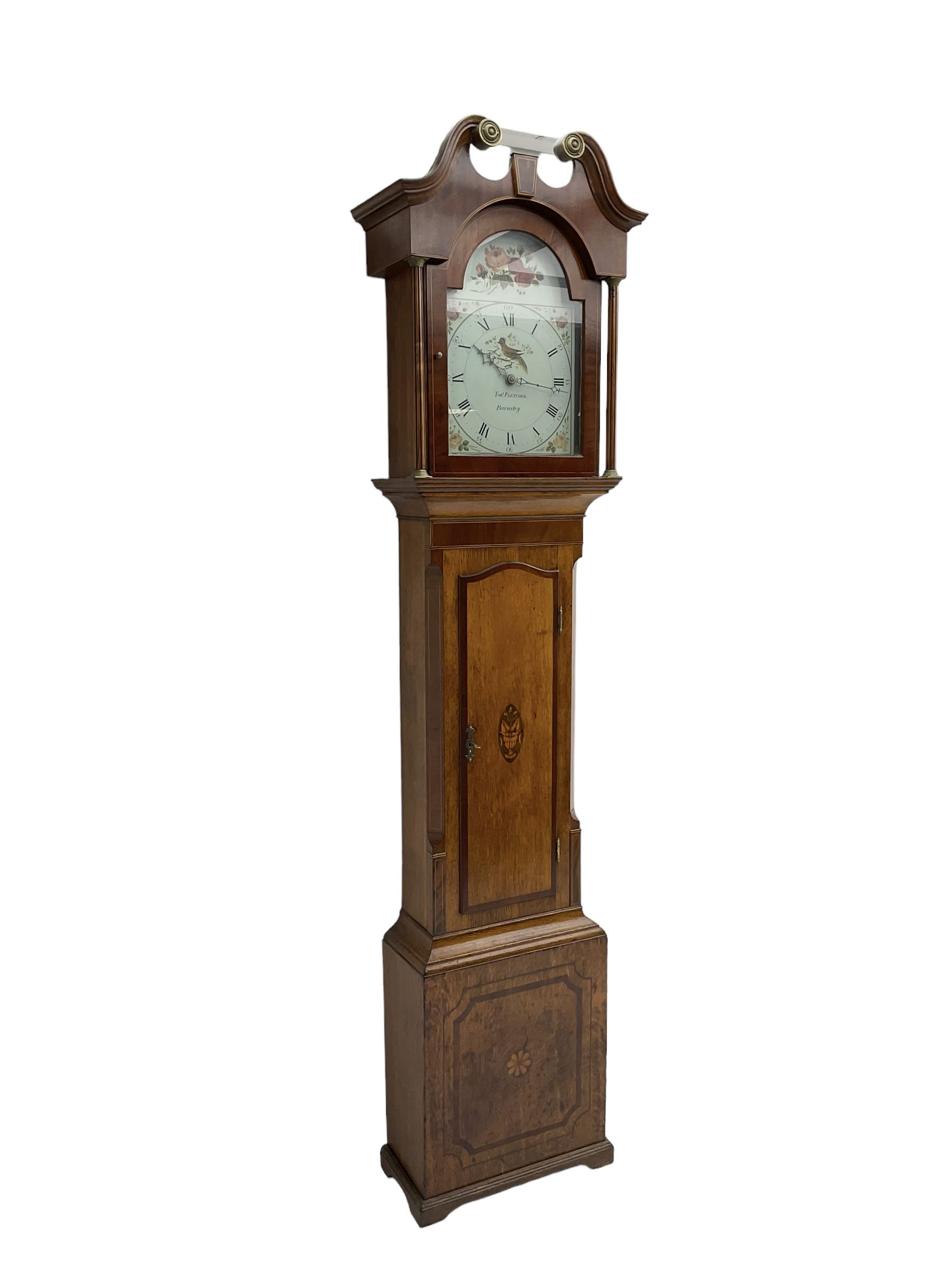 Tobias Fletcher of Barnsley -  late 18th century oak cased 30hr longcase clock with a swans neck pediment, brass paterie and finial, break arch dial flanked by reeded pilasters, trunk with a wavy topped door with inlay and crossbanding, conforming square plinth on decorative base, painted dial with flowers to the break arch and spandrels, Roman numerals, minute track, five minute Arabic's and matching steel hands, chain driven count wheel movement, with weight and pendulum.