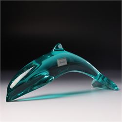 Lalique clear and frosted glass dolphin, label to base W12cm, boxed and a Baccarat blue glass dolphin W16cm  in Mappin & Webb box