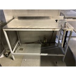 Two stainless and steel preparation tables, W114/126/124cm- LOT SUBJECT TO VAT ON THE HAMMER PRICE - To be collected by appointment from The Ambassador Hotel, 36-38 Esplanade, Scarborough YO11 2AY. ALL GOODS MUST BE REMOVED BY WEDNESDAY 15TH JUNE.