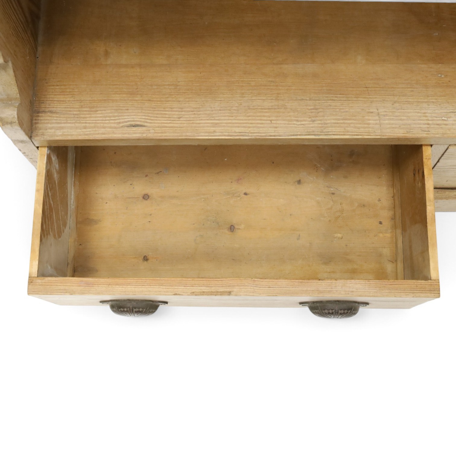 Late Victorian stripped pitch pine open bookcase, fitted with four adjustable open shelves, two drawers fitted to base with pull handles, on skirted base 