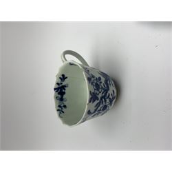 18th century Worcester faceted coffee cup and saucer, circa 1760, the coffee cup with grooved loop handle, each decorated in the Prunus Root pattern, each with workman's mark beneath, cup H5.5m, saucer D13cm 