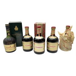 Courvoisier V.S.O.P Cognac, in original box, 70ml, 40%vol, together with one boxed bottle of Drambuie, 75ml, 40% and  three bottles of Drambuie 75ml, 70% vol.  