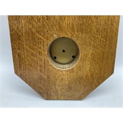 Mouseman - oak wall hanging combination weather centre, with independent barometer, hygrometer and thermometer dials, on canted rectangular board with stepped moulded edge carved with mouse signature, by the workshop of Robert Thompson, Kilburn 
