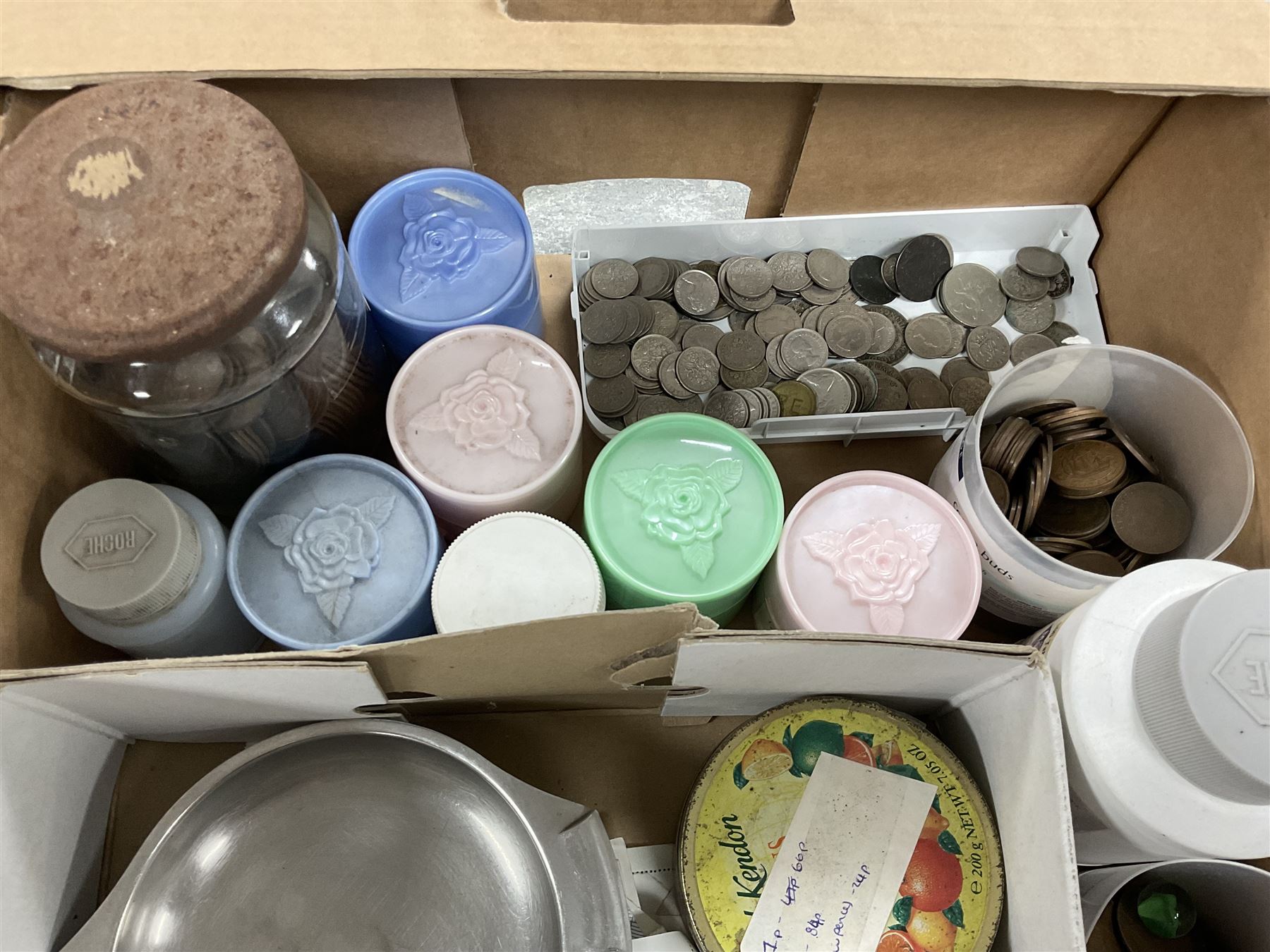 Stamps and coins, including Great British pre-decimal coins, world coins, three Australia stamp yearbooks, first day covers, loose stamps, empty folders, etc, in two boxes