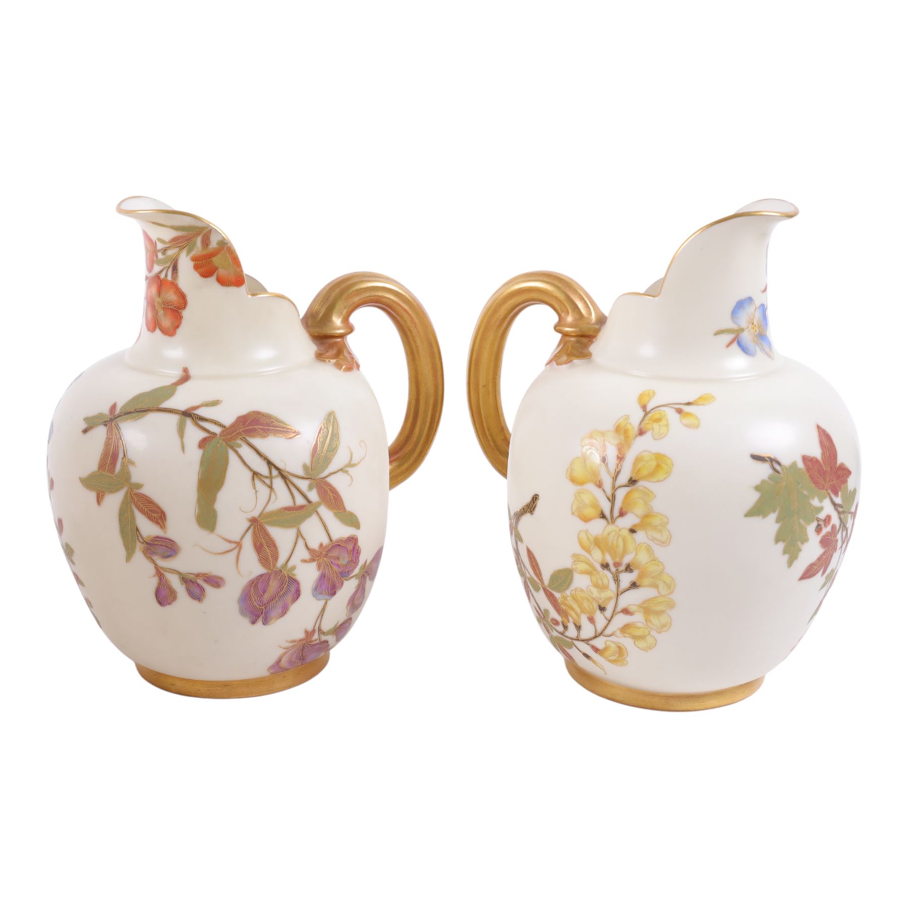 Five Royal Worcester Blush Ivory jugs, shape 1094, each decorated with floral sprigs and with gilt handles , all with puce mark to base, tallest H18cm