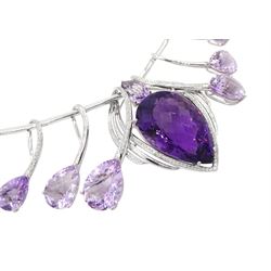 18ct white gold amethyst and diamond suite, comprising necklace, pair of pendant stud earrings and bracelet and ring, each with pear cut amethysts and round brilliant cut diamonds, stamped 750 