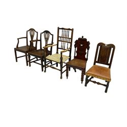 Pair George III oak carver elbow chairs, pierced splat back, panelled seat together; 19th century mahogany hall chair, shield back and bobbin turned supports together with two other chairs (5)
