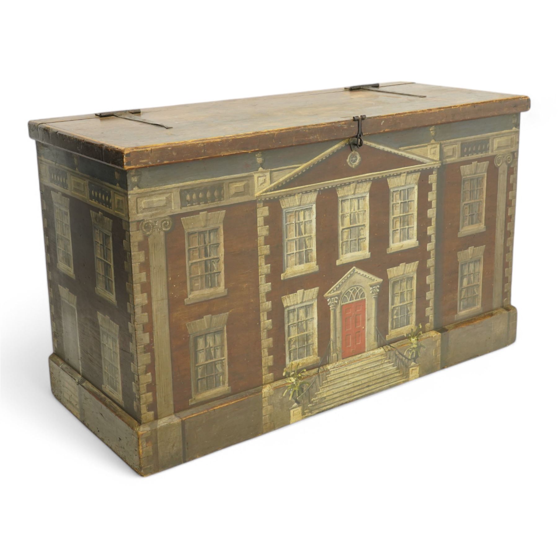 19th century camphor wood blanket box, hinged lid enclosing division, on chamfered plinth base, painted to represent a Georgian town house, fitted with iron strap hinges 