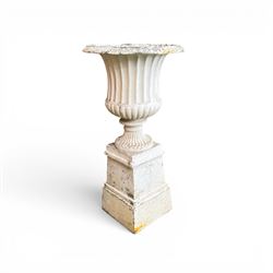Victorian design white painted cast aluminium garden urn on plinth, fluted bowl on squat pedestal, tapering base
