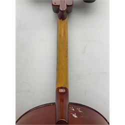 Two student half-size cellos - Boosey & Hawkes Artia with 65cm one-piece back and spruce top; bears maker's label; L104cm overall; and Romanian with 65.5cm two-piece maple back and ribs and spruce top; bears label; L108.5cm overall; each in soft carrying case with two bows (2)