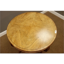  20th century walnut circular centre table, quarter veneer top with ebony stringing, four scrolled supports with acanthus leaf carving, D77cm, H73cm  