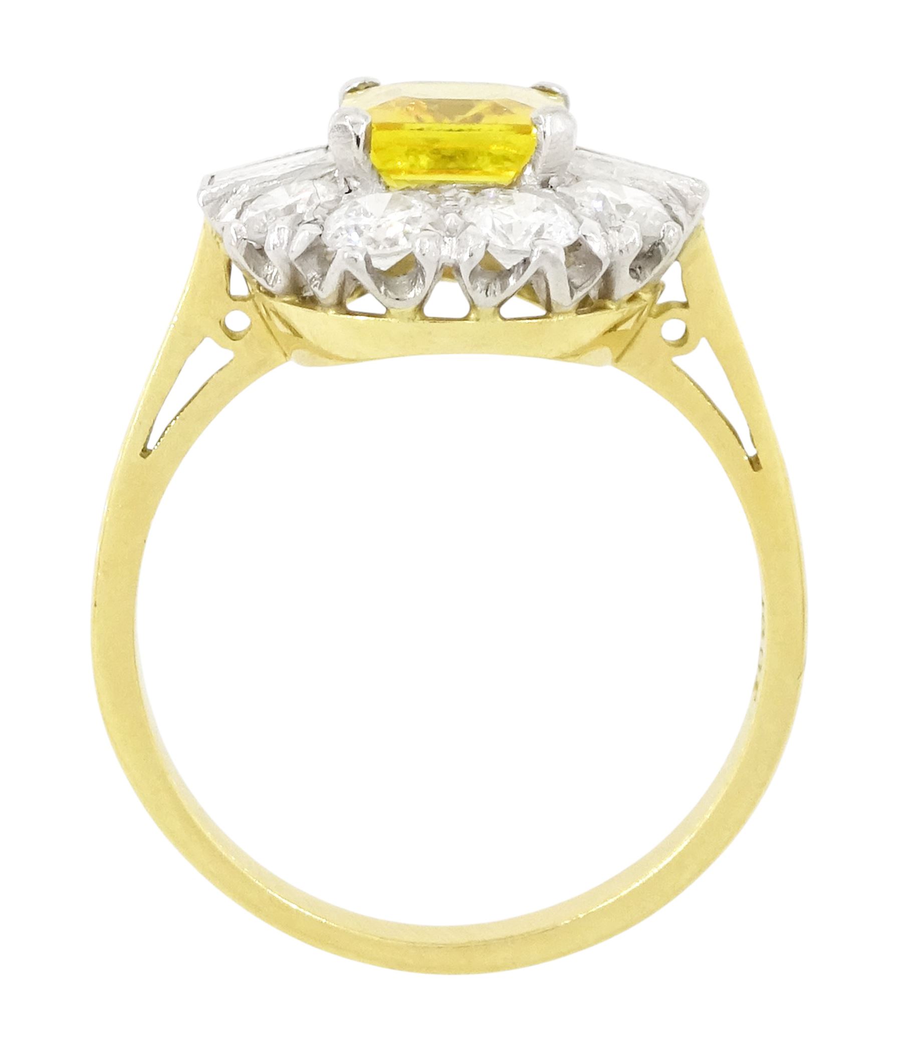 18ct gold yellow sapphire and diamond cluster ring, single octagonal cut yellow sapphire of approx 2.15 carat, surrounded by eight brilliant cut diamonds and two baguette cut diamonds within a milgrain setting, stamped, total diamond weight 1.2 carat
