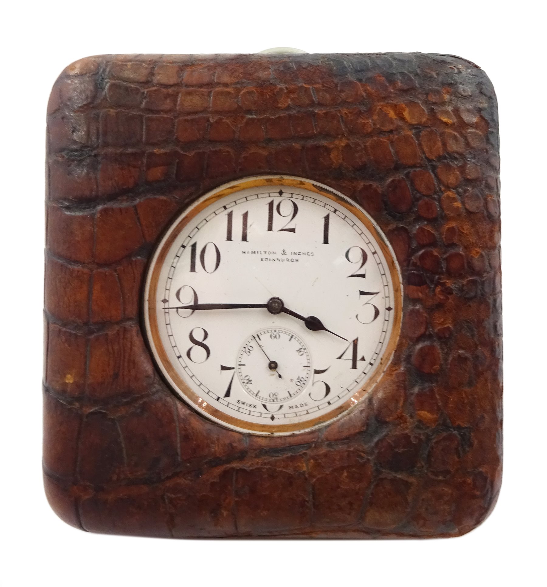 Swiss Goliath nickle cased pocket watch, movement stamped 7032, retailed by Hamilton & Inches, Edinburgh, with crocodile effect leather fitted case also by Hamilton & Inches 