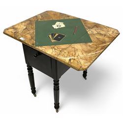 Victorian ebonised drop-leaf pot cupboard with later trompe l'oeil painted top, depicting marbled surface with baize cloth, playing cards and pencil, fitted with two drawers to one end and cupboard to the other with marble inset, on turned and faceted supports with brass castors