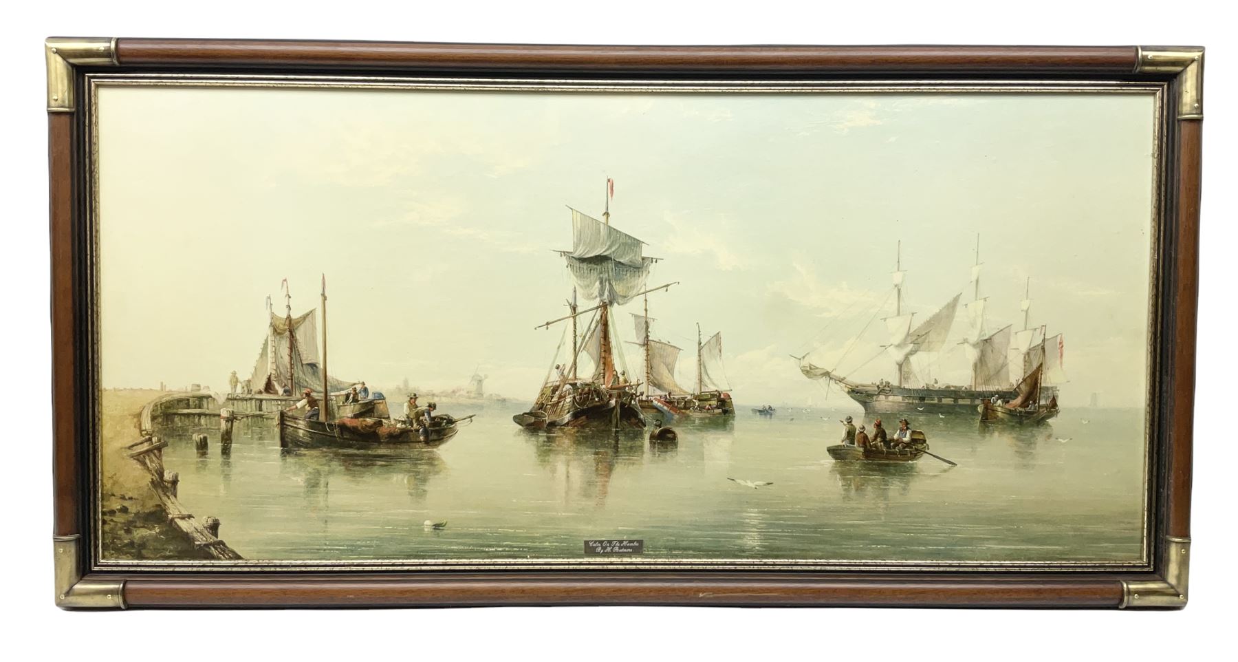 Framed oleograph type print after Henry Redmore, Calm on the Humber, overall H60cm W121cm