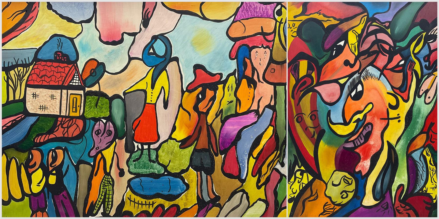 Christine Gloria Cox (Scarborough 1942-2014): Surreal Portraits, acrylic on board, one signed with monogram and with partial exhibition label verso max 62cm x 92cm (2)