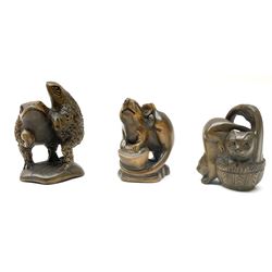 Three netsuke, modelled as a rat, kittens in a basket and a pair of frogs