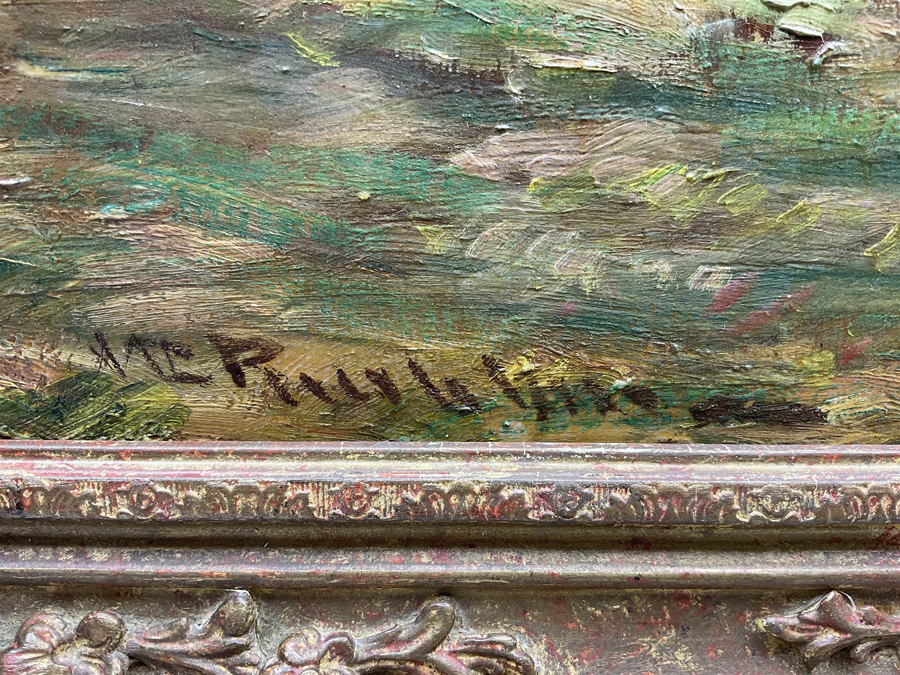 William Charles Rushton (British 1860-1921): Yorkshire Landscape with Sheep and Town in the Distance, oil on panel signed 48cm x 74cm