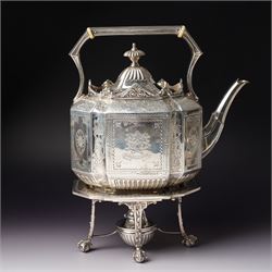 Victorian silver tea and coffee set engraved with classical urns, oval paterae and scrolling foliage, monogram and 'Diligentia et Honore' comprising teapot, tea kettle on spirit heater stand, coffee pot, two handled sugar bowl and cream jug Sheffield 1891 Maker John Round & Son Ltd