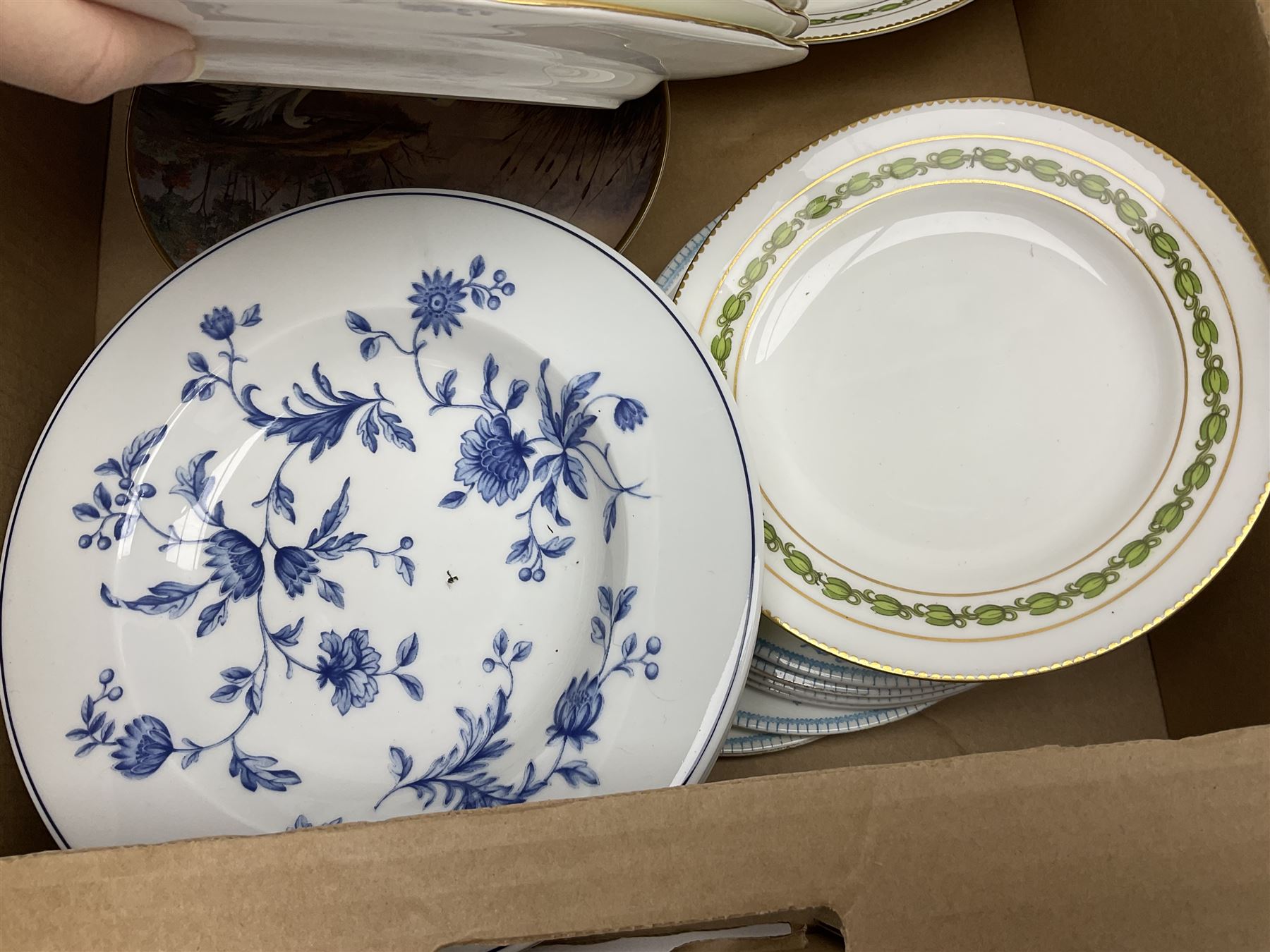 Wedgwood jasperware trinket box, commemorative ware, blue and white ceramics and a collection of other ceramics and collectables in five boxes