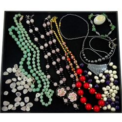 Collection of bead necklaces including jade, rose quartz and black onyx and haematite and loose pearl and amethyst beads