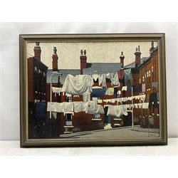 Stuart Walton (Northern British 1933-): Washing Day - Terraced Street Leeds, oil on canvas laid on board signed and dated '75, 55cm x 75cm 