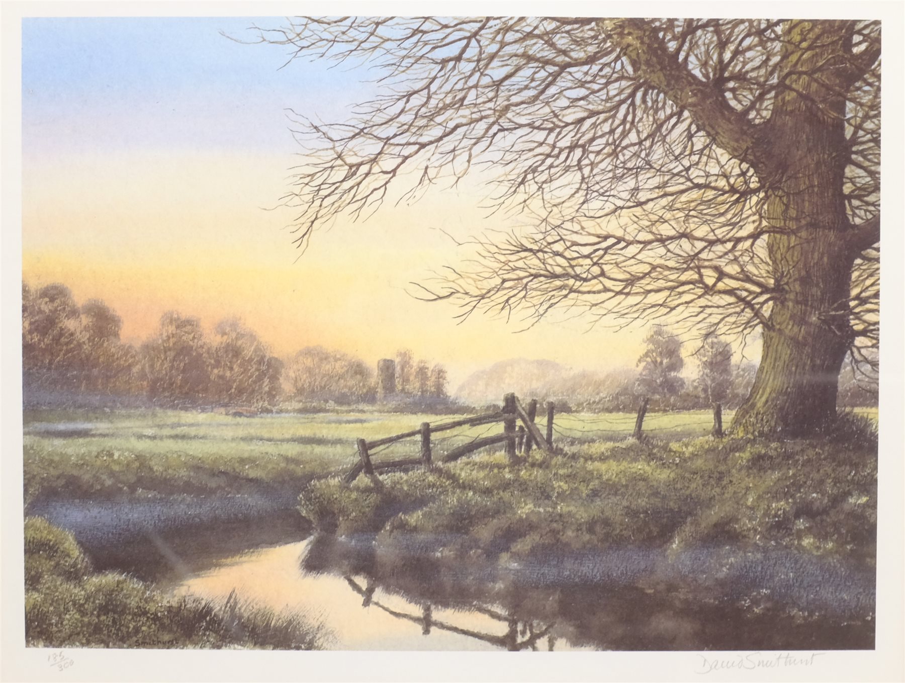 David Smithurst (British 1942-2001): Pastoral Landscape, limited edition colour print signed and numbered 185/300 in pencil 34cm x 44cm; Arthur Byrne: 'Country House 1', limited edition colour print signed titled and numbered 251/375 in pencil 37cm x 28cm and a Coaching print (3)