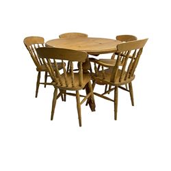 Solid pine circular farmhouse table, and five solid beech chairs