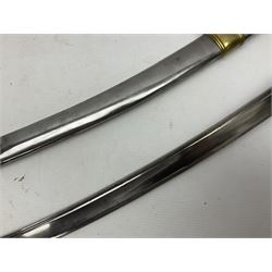 19th century French Chasseur a Cheval de la Guard trooper's sword with 86.5cm slightly curving fullered blade, brass three-bar hilt with elongated elliptical langets and wire-bound leather grip; in polished steel scabbard with two brass suspension rings L104cm overall