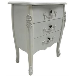 French design white painted chest, shaped top over three drawers, each with applied swags with flower heads, flanked by cabriole uprights with foliate mouldings