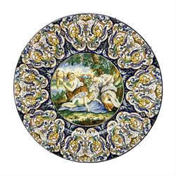 Large 19th/early 20th Century Italian Majolica Urbino style charger depicting Venus clipping Cupid's wings, D52cm  