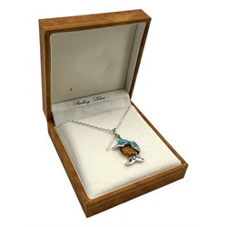 Silver turquoise and amber kingfisher pendant necklace, boxed