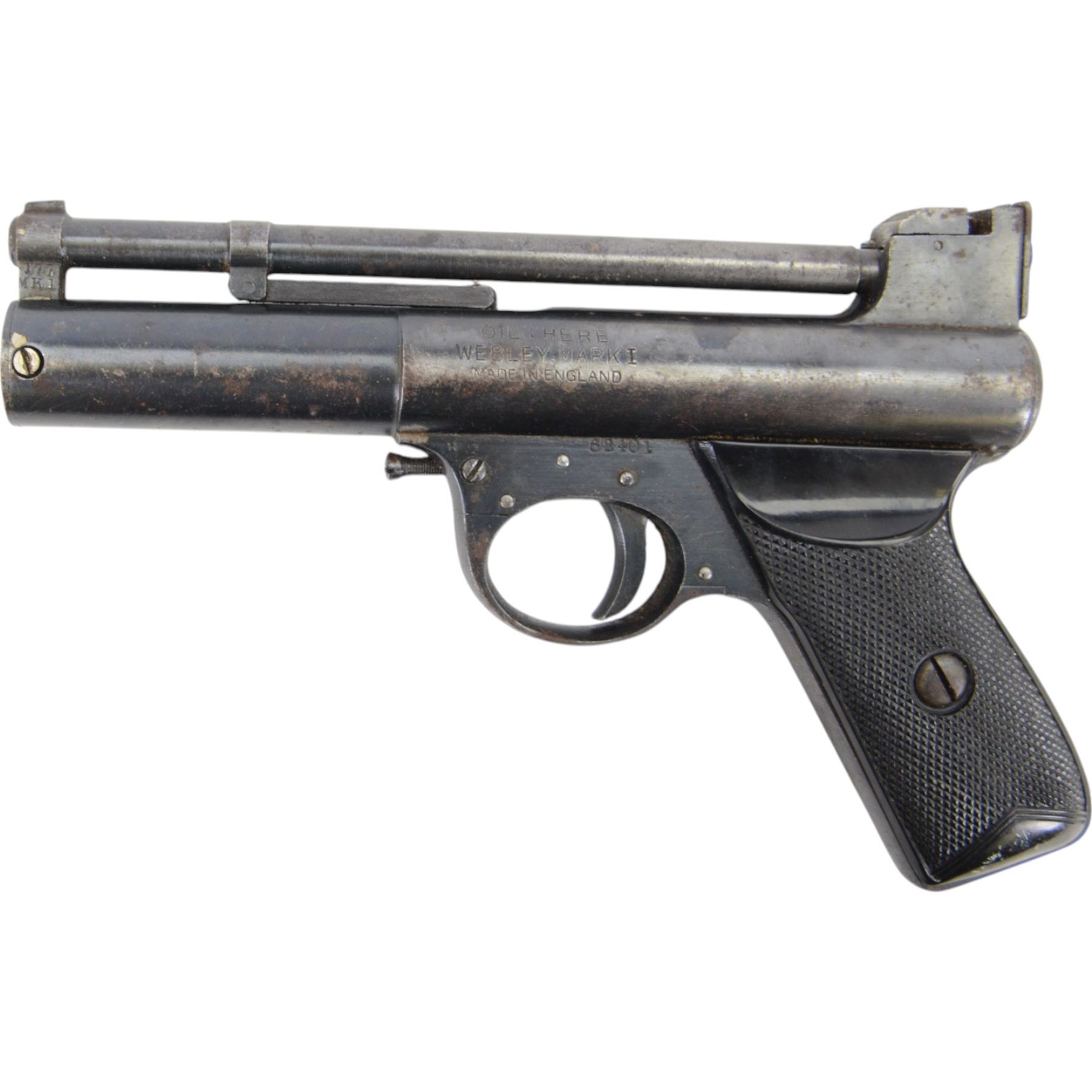 Webley Mark I .177 air pistol, serial number 26401, the air chamber marked 'Webley Mark I Made in England, Webley & Scott Ltd Birmingham Patented Gt Britain No 219872 and all Principle Countries', with checkered grip, H14cm, L19cm
